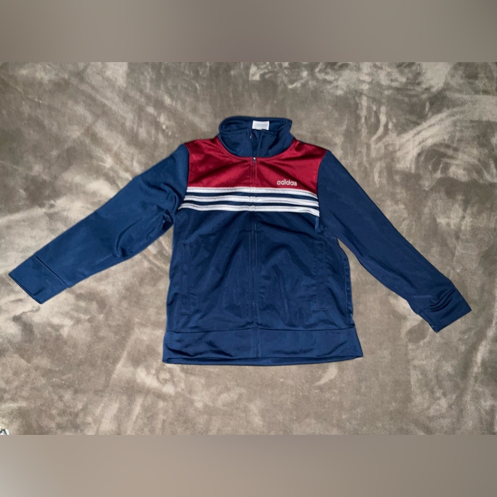 Adidas Kids Jacket - Navy and Red / Burgundy Sz 5 Zip up 3 stripe